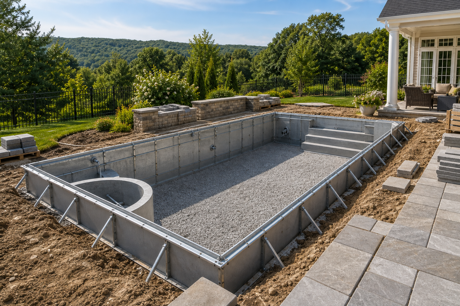 Residential pool installation with excavation and construction work underway
