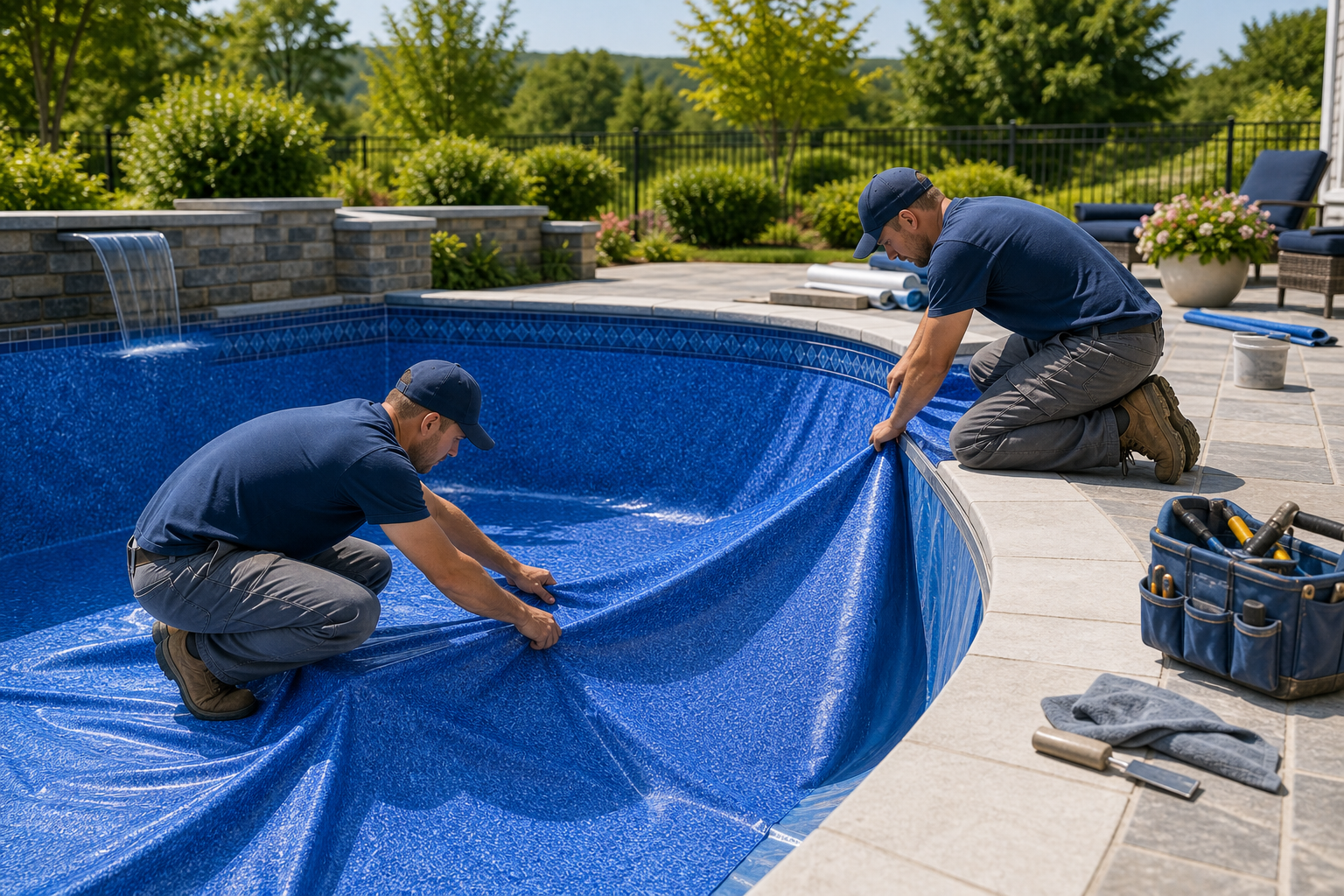 Pool technicians installing a new vinyl liner in a backyard pool