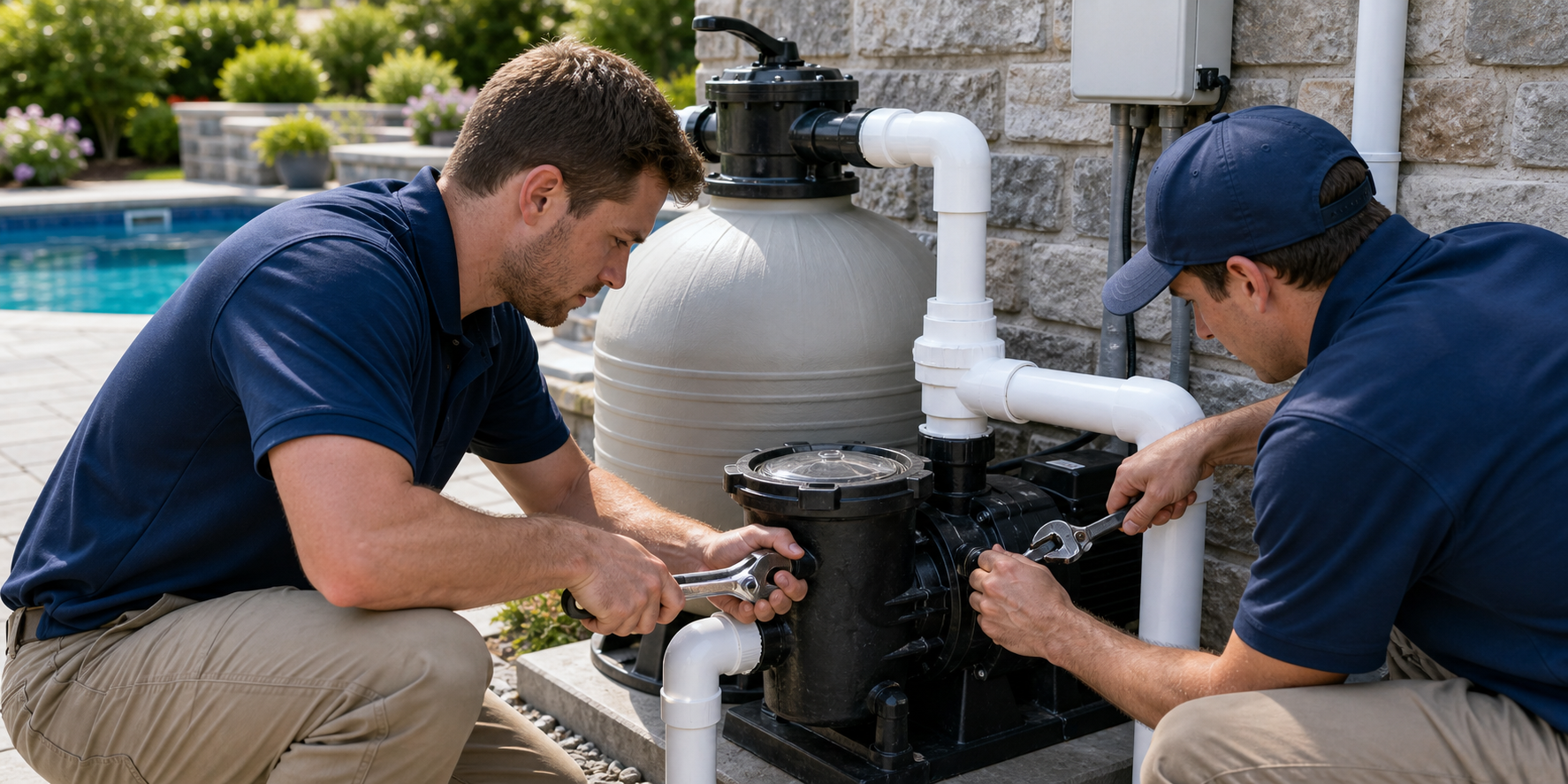 Pool repair technicians working with wrenches on outdoor pool pump equipment