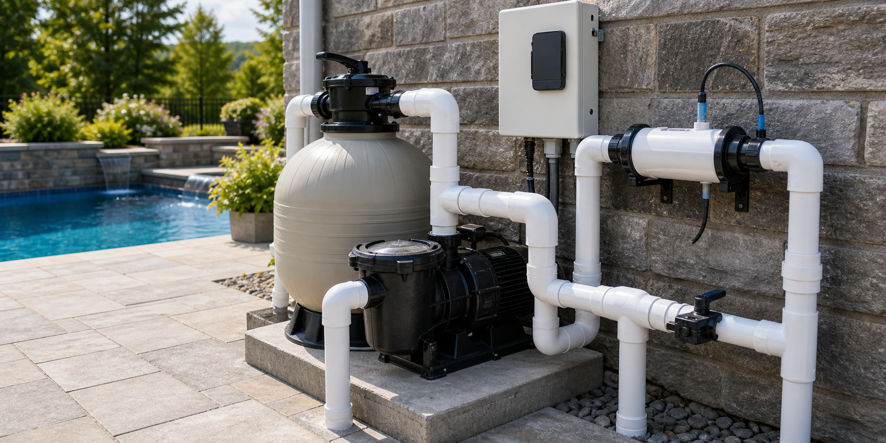 Pool equipment and salt water system beside a clean residential pool